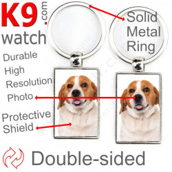 Double-sided metal key ring with photo fawn & White English Beagle, metal key ring gift idea; double faced key holder metallic