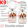 Double-sided metal key ring with photo fawn & White English Beagle, metal key ring gift idea; double faced key holder metallic