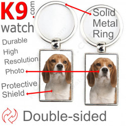 Double-sided metal key ring with photo fawn & White English Beagle, metal key ring gift idea; double faced key holder metallic