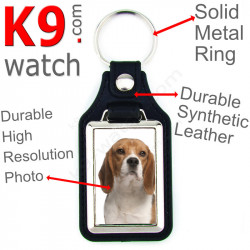 Vegan leather key ring and metal holder, with the photo of your White & Fawn English Beagle, key ring gift idea