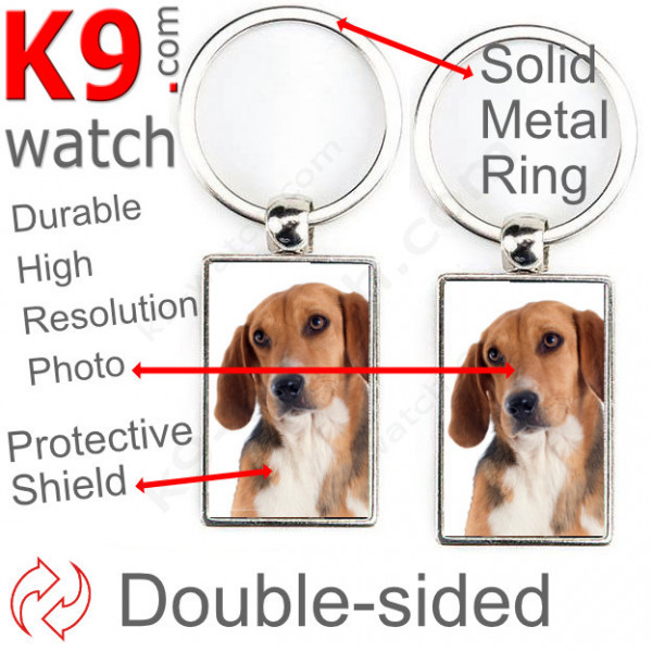 Double-sided metal key ring with photo Tricolor Harrier Beagle, metal key ring gift idea; double faced key holder metallic