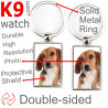 Double-sided metal key ring with photo Tricolor Harrier Beagle, metal key ring gift idea; double faced key holder metallic