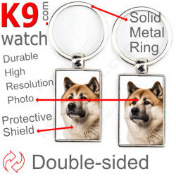 Double-sided metal key ring with photo fawn American Akita, metal key ring gift idea; double faced key holder métallique usa