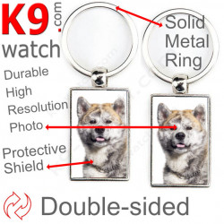 Double-sided metal key ring with photo Brindle Japanese Akita Inu, metal key ring gift idea; double faced key holder metallic