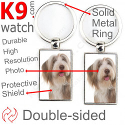 Double-sided metal key ring with photo Fawn Bearded Collie, metal key ring gift idea; double faced key holder metallic