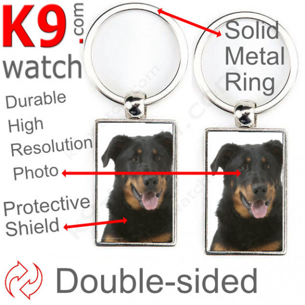 Double-sided metal key ring with photo Black and Tan Beauceron, metal key ring gift idea; double faced key holder metallic