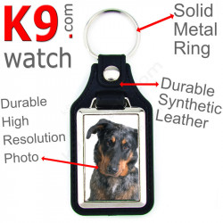 Vegan leather key ring and metal holder, with the photo of your Harlequin Beauceron, key ring gift idea blue merle