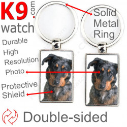 Double-sided metal key ring with photo Harlequin Beauceron, metal key ring gift idea double faced key holder metallic Blue merle
