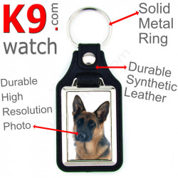 Vegan leather key ring and metal holder, with the photo of your shorthaired Black ant Tan German Shepherd, key ring gift idea