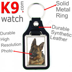 Vegan leather key ring and metal holder, with the photo of your shorthaired Black ant Tan German Shepherd, key ring gift idea
