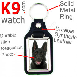 Vegan leather key ring, photo black German Shepherd