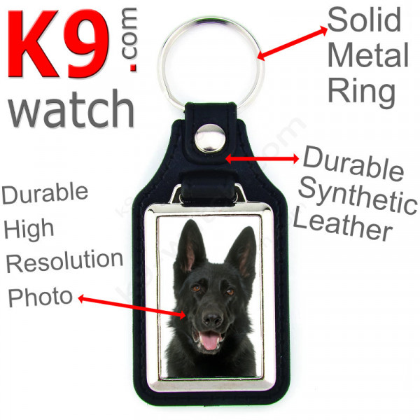 Vegan leather key ring and metal holder, with the photo of your shorthaired black German Shepherd, key ring gift idea