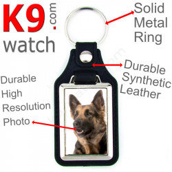 Vegan leather key ring and metal holder, with the photo of your longhaired Black ant Tan German Shepherd, key ring gift idea