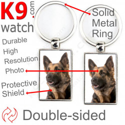 Double-sided metal key ring with photo medium-haired black and tan German Shepherd, gift idea, double faced key holder metallic