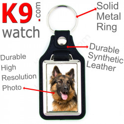 Vegan leather key ring and metal holder, with the photo of your longhaired Black and Tan German Shepherd, key ring gift idea