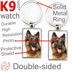 Double-sided metal key ring with photo long-haired black and tan German Shepherd, gift idea, double faced key holder metallic