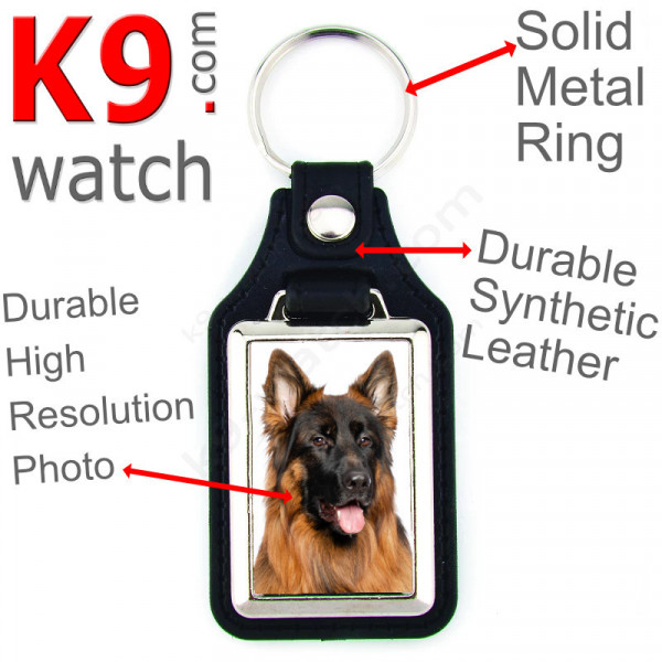 Vegan leather key ring and metal holder, with the photo of your longhaired Black and Tan German Shepherd, key ring gift idea