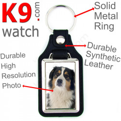 Vegan leather key ring and metal holder, with the photo of your Black Tricolor Australian Shepherd, key ring gift idea Aussie