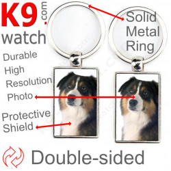 Double-sided metal key ring with photo Black Tricolor Australian Shepherd, gift idea; double faced holder metallic Aussie