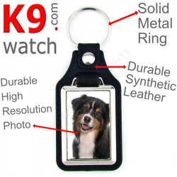 Vegan leather key ring and metal holder, with the photo of your Black Tricolor Australian Shepherd, key ring gift idea Aussie