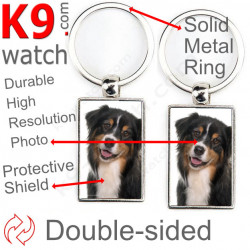 Double-sided metal key ring with photo Black Tricolor Australian Shepherd, gift idea; double faced holder metallic Aussie