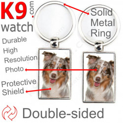 Double-sided metal key ring with photo Red merle Australian Shepherd, gift idea; double faced holder metallic Aussie