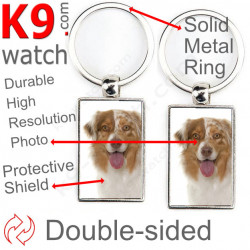 Double-sided metal key ring with photo Red merle Australian Shepherd, gift idea; double faced holder metallic Aussie