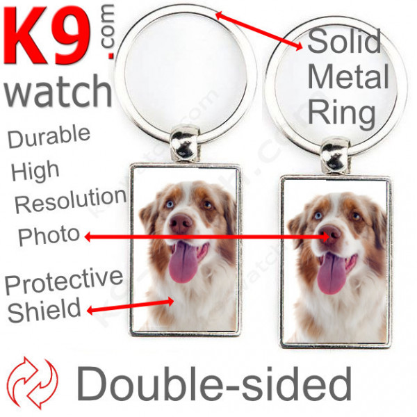 Double-sided metal key ring with photo Red merle Australian Shepherd, gift idea; double faced holder metallic Aussie