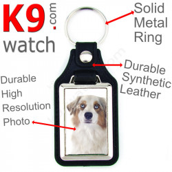 Vegan leather key ring and metal holder, with the photo of your White and Red Merle Australian Shepherd, ring gift idea Aussie