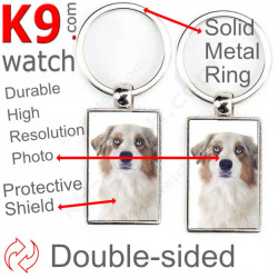 Double-sided metal key ring with photo white and Red merle Australian Shepherd, gift idea; double faced holder metallic Aussie