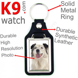 Vegan leather key ring and metal holder, with the photo of your White and Blue Merle Australian Shepherd, ring gift idea Aussie