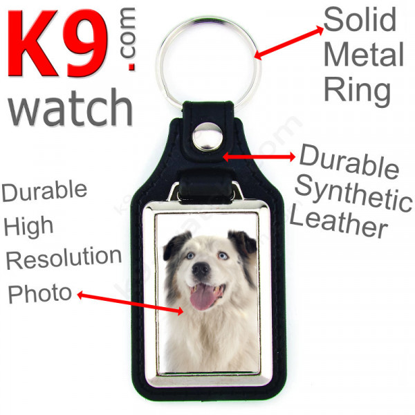 Vegan leather key ring and metal holder, with the photo of your White and Blue Merle Australian Shepherd, ring gift idea Aussie