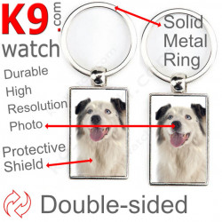 Double-sided metal key ring with photo white and Blue merle Australian Shepherd, gift idea; double faced holder metallic Aussie