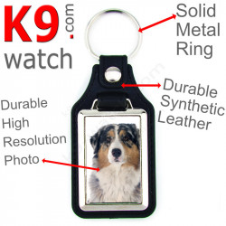 Vegan leather key ring and metal holder, with the photo of your Blue Merle Australian Shepherd, ring gift idea Aussie