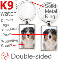 Double-sided metal key ring with photo Blue merle Australian Shepherd, gift idea; double faced holder metallic Aussie