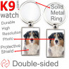 Double-sided metal key ring with photo Blue merle Australian Shepherd, gift idea; double faced holder metallic Aussie