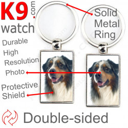Double-sided metal key ring with photo Blue merle Australian Shepherd, gift idea; double faced holder metallic Aussie