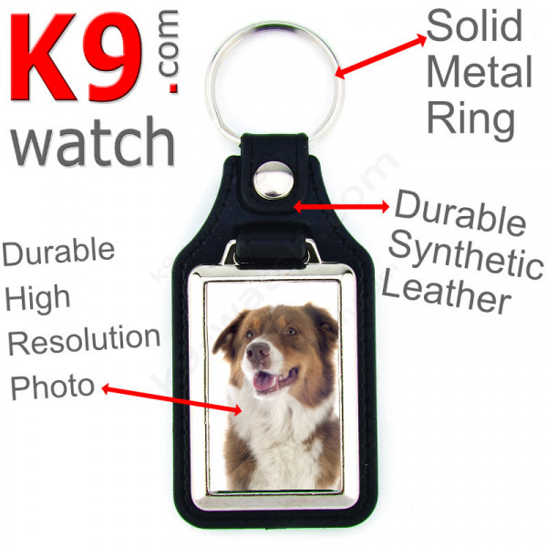 Vegan leather key ring and metal holder, with the photo of your Red Tricolor Australian Shepherd, key ring gift idea Aussie