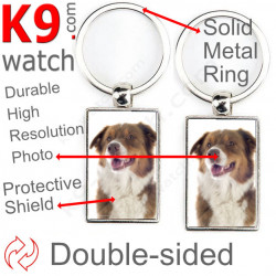Double-sided metal key ring with photo Red Tricolor Australian Shepherd, gift idea; double faced holder metallic Aussie