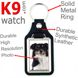 Vegan leather key ring and metal holder, with photo of Black Tricolor Miniature Australian Shepherd, key ring gift idea Aussie