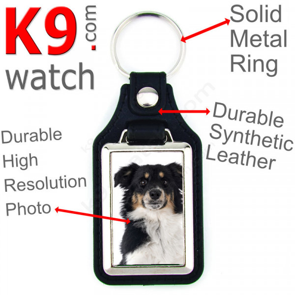 Vegan leather key ring and metal holder, with photo of Black Tricolor Miniature American Shepherd, key ring gift idea Aussie