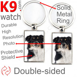 Double-sided metal key ring with photo Black Tricolor Miniature Australian Shepherd, gift idea double faced holder Aussie