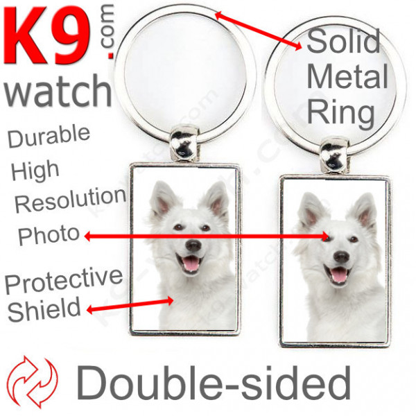 Double-sided metal key ring with photo Swiss White Shepherd, metal key ring gift idea double faced key holder metallic Canadian