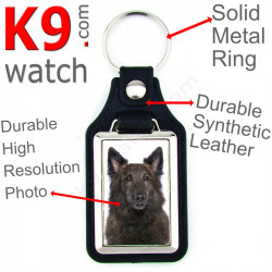 Vegan leather key ring and metal holder, with the photo of your longhaired Dutch Shepherd, key ring gift idea