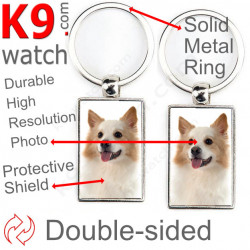 Double-sided metal key ring with photo Icelandic Sheepdog, metal gift idea; double faced holder metallic Iceland Spitz