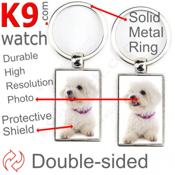 Double-sided metal key ring with photo Bichon Frise Tenerife, metal key ring gift idea; double faced key holder metallic Curly