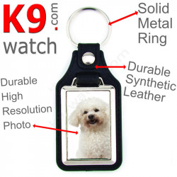 Vegan leather key ring and metal holder, with the photo of your Bichon Frise Tenerife, key ring gift idea Curly Bichon