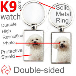 Double-sided metal key ring with photo Bichon Frise Tenerife, metal key ring gift idea; double faced key holder metallic Curly
