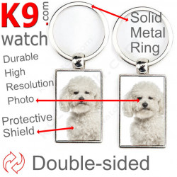 Double-sided metal key ring with photo Bichon Frise Tenerife, metal key ring gift idea; double faced key holder metallic Curly