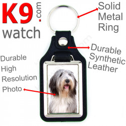 Vegan leather key ring and metal holder, with the photo of your Old English Sheepdog, key ring gift idea Bobtail